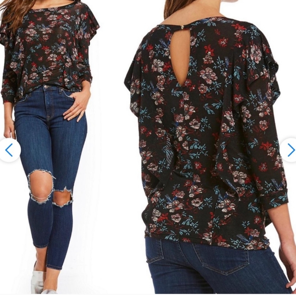 Free People Black Floral Mesh Flutter Top Size L